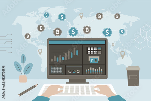 Bitcoin, cryptocurrency and blockchain technology. Trader analyzes crypto market chart. Market analytics and trading strategy. Global stock exchanges index.
