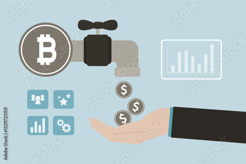 Bitcoin faucet, tap with dollar coins. Bitcoin mining. Businessman hand opens tap with flowing coins. Profit from cryptocurrency. Passive income from blockchain investment