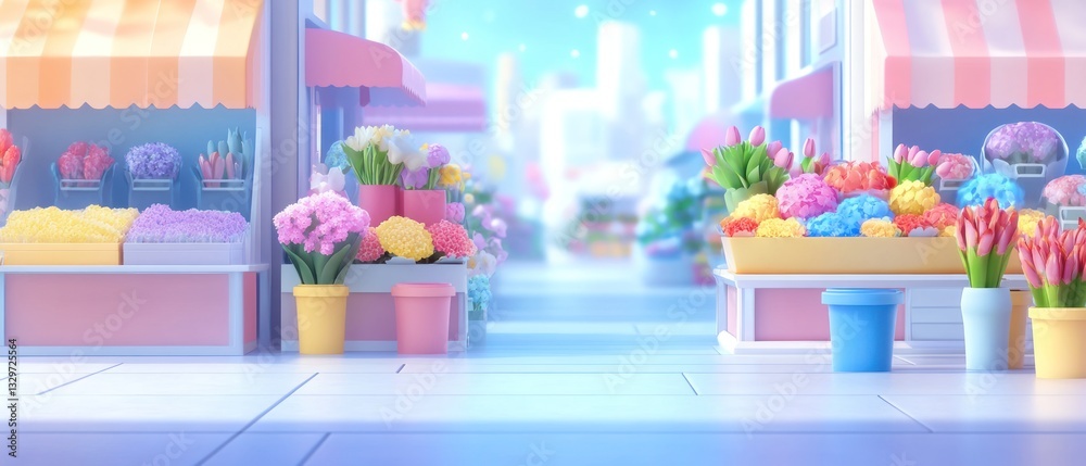 Pastel Flower Market: A Dreamy 3D Render of a Vibrant Floral Street Scene Pastel Flower Market: A Dreamy 3D Render of a Vibrant Floral Street Scene