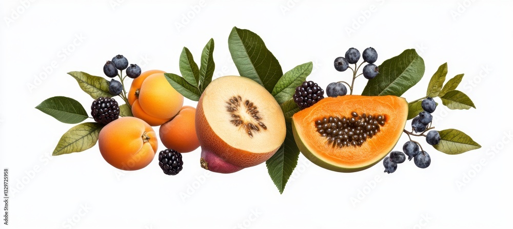 Obraz premium Summer Fruit Still Life Apricots, Papaya, and Berries with Green Leaves