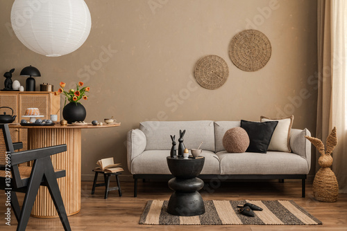 A warm and inviting living space with soft textiles, rattan details, and sculptural décor. Earthy tones and natural materials create a serene, modern retreat.