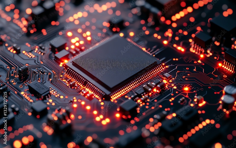 Macro shot of a microchip on a circuit board, showcasing intricate connections, advanced technology, and modern digital connectivity, ultradetailed, vibrant 8K imagery Macro shot of a microchip on a circuit board, showcasing intricate connections, advanced technology, and modern digital connectivity, ultradetailed, vibrant 8K imagery