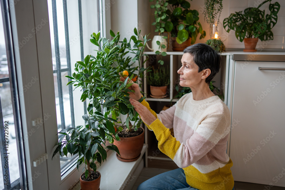 Concentrated mature woman observing mandarin bush with ripe fruits, tending citrus tree indoors at home. Female passionate plant lover, home garden hobby, cultivating fresh fruit and food, plant care. Concentrated mature woman observing mandarin bush with ripe fruits, tending citrus tree indoors at home. Female passionate plant lover, home garden hobby, cultivating fresh fruit and food, plant care.