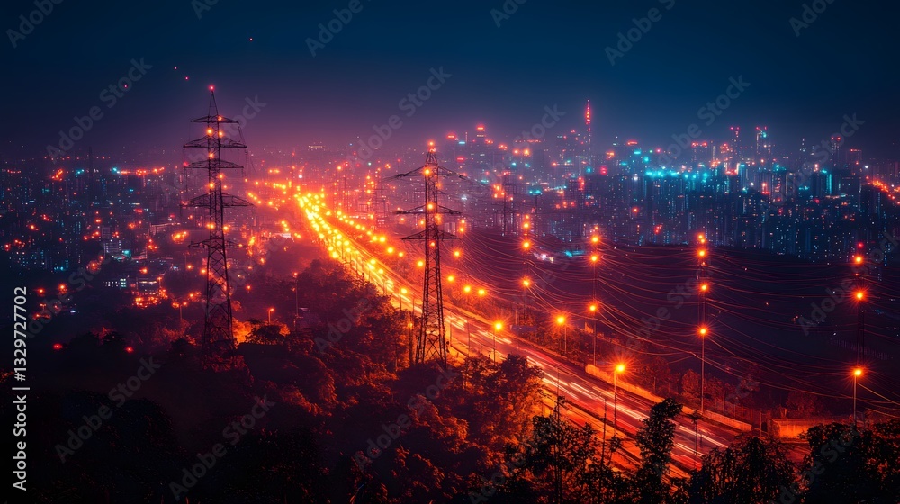 Obraz premium Smart energy grid utilizing AI to manage battery storage and peak load reduction