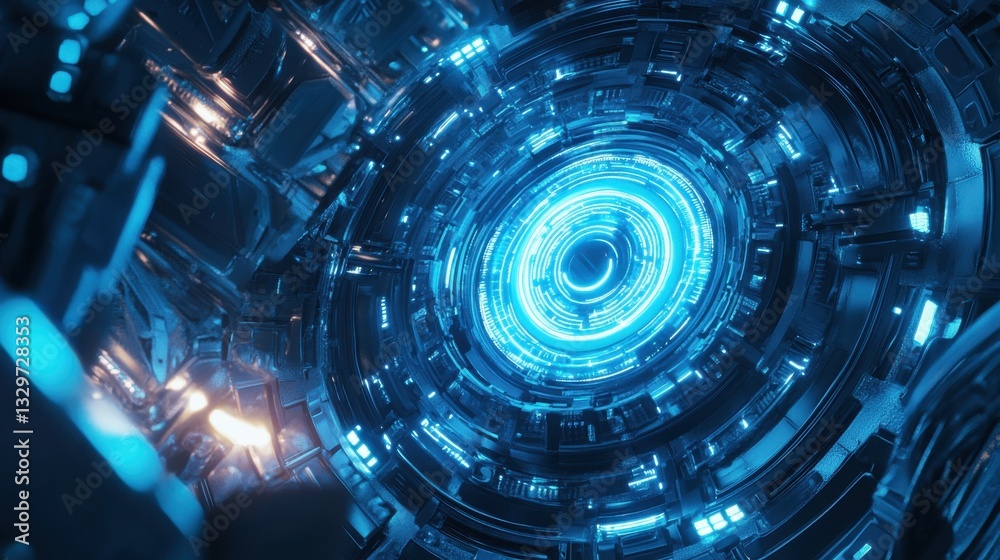 Obraz premium Quantum Processor Glowing with Neon Blue Qubits