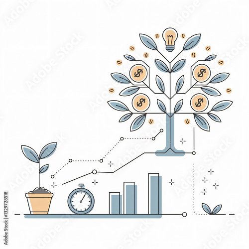 Minimalistic Business Growth Plan Vector Illustration with Growing Tree Concept