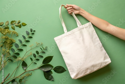 A Hand Gently Holds A Natural Cotton Tote Bag, Symbolizing Eco-conscious Choices And Sustainable Living Against A Vibrant Green Backdrop Adorned With Lush Foliage