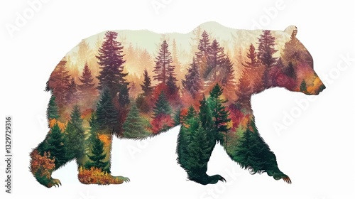 Double exposure bear silhouette with pine forest and mountain landscape inside on light background