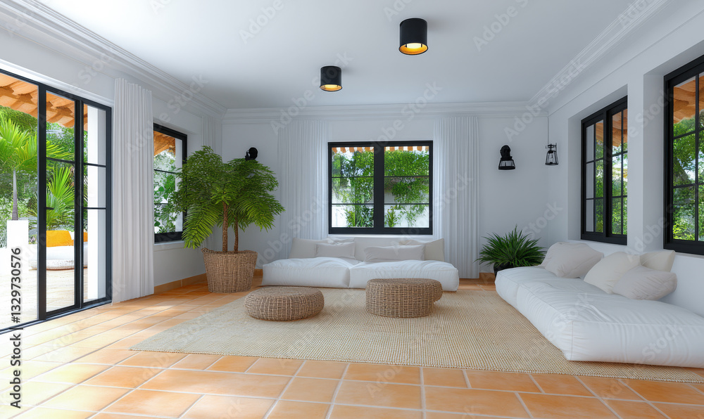 Fototapeta premium Modern living room with natural light and minimalist decor in a tropical setting