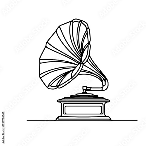 Retro gramophone, vector, black line drawing, minimalistic, single line, simple line, isolated, transparent background 