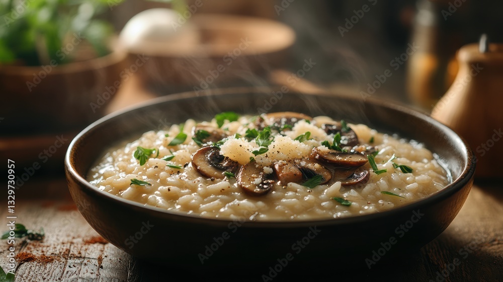 Steaming bowl of mushroom risotto garnished with parmesan cheese and parsley on a rustic wooden table creating warm, comforting atmosphere Steaming bowl of mushroom risotto garnished with parmesan cheese and parsley on a rustic wooden table creating warm, comforting atmosphere