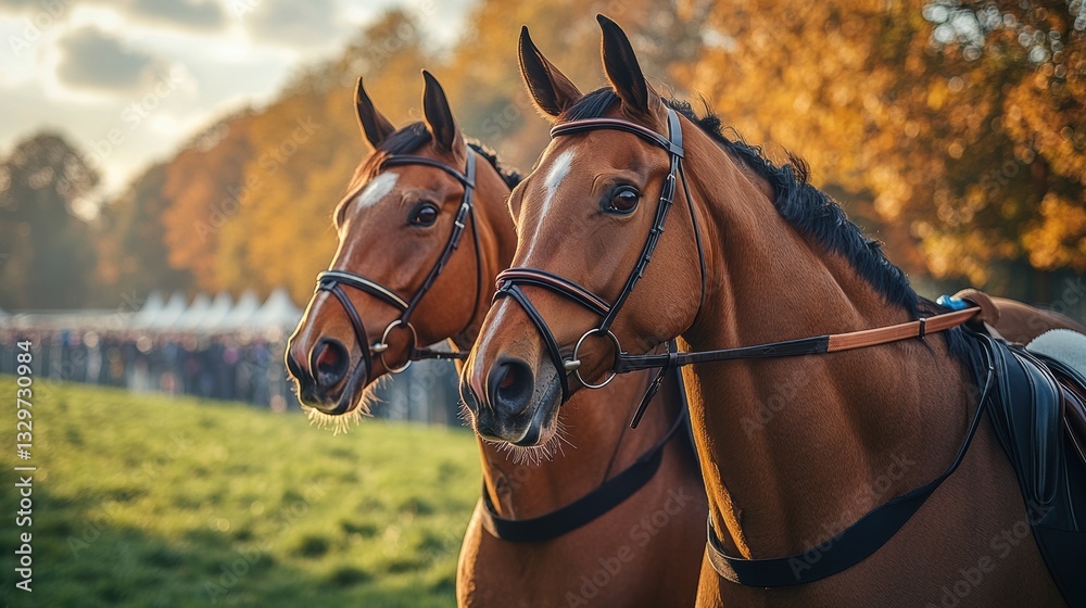 Fototapeta premium Two brown horses wearing bridles stand in a field during an equestrian event in the afternoon