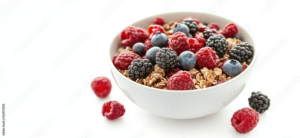Healthy breakfast bowl with granola and mixed berries including raspberries, blackberries, blueberries Healthy breakfast bowl with granola and mixed berries including raspberries, blackberries, blueberries