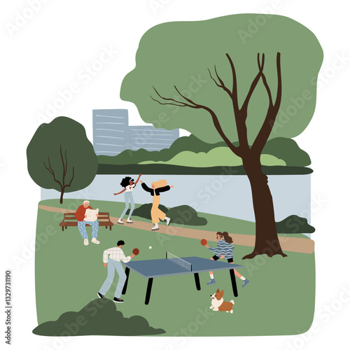 public park with diverse people playing table tennis, ping pong, roller-skating and enjoying the outdoors. Trees, benches, and a river create a peaceful setting. Flat vector illustration.