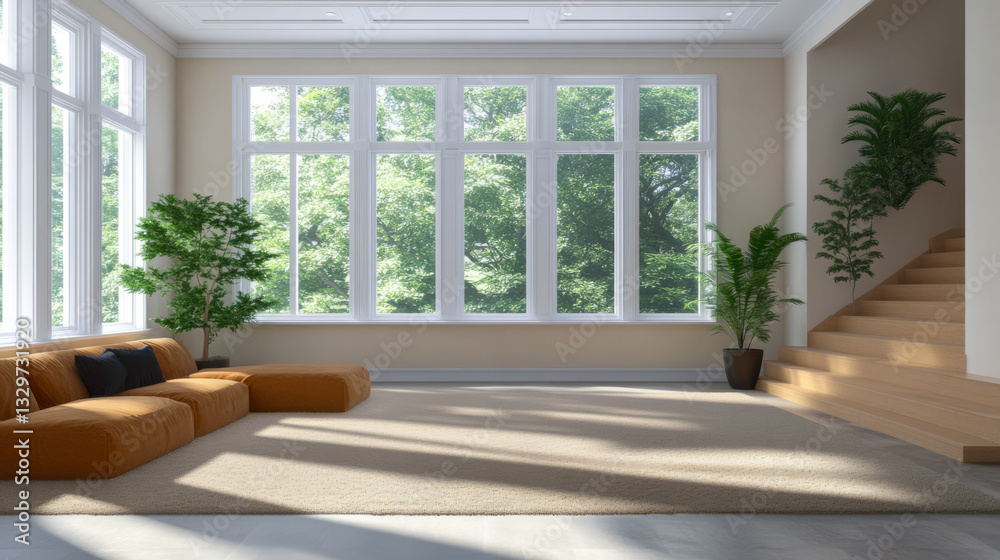 Fototapeta premium Spacious living room with large windows and natural light in a modern home