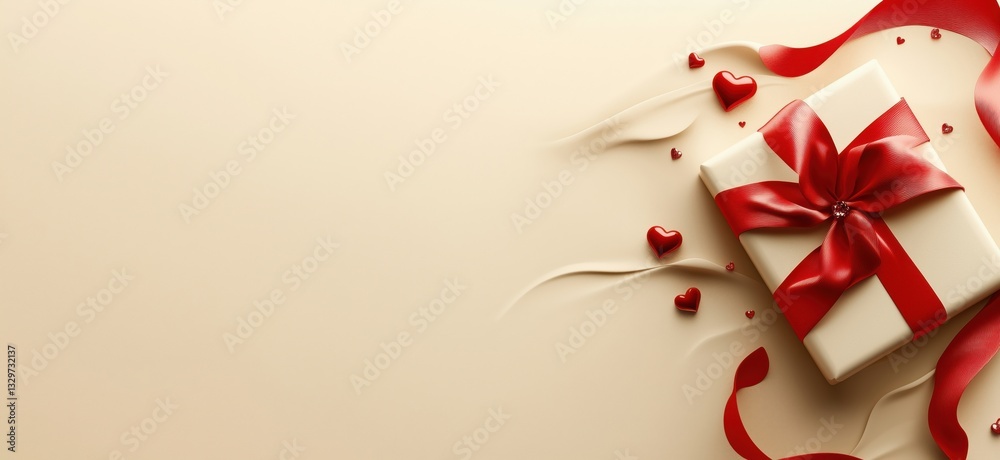 Elegant gift box with red ribbon and hearts on soft beige background Elegant gift box with red ribbon and hearts on soft beige background