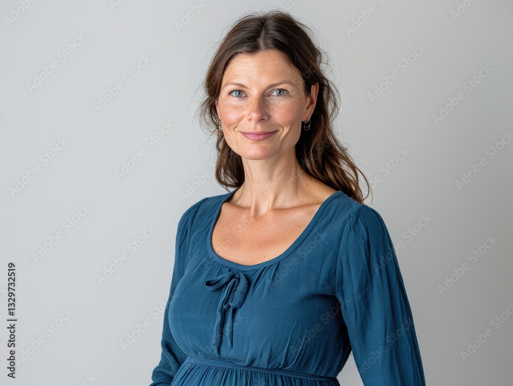 Obraz premium Woman in a blue dress is smiling for the camera