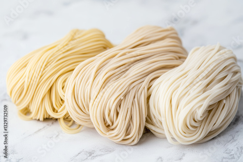 Fresh udon soba and vermicelli noodles arranged in sculpt look delicious