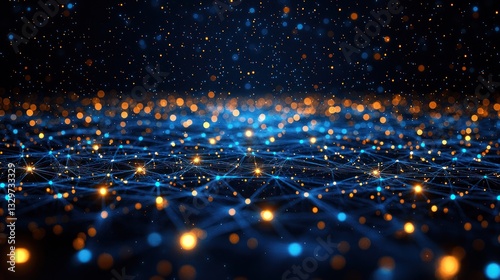 Abstract network of interconnected nodes and lines, showcasing data flow and connection.  A blend of glowing points, lines, and particles, creating a futuristic and complex digital network