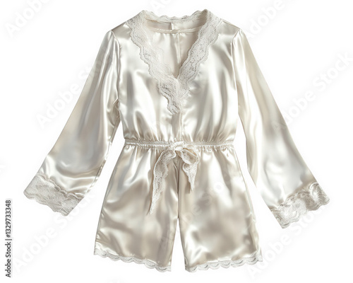 Elegant silk pajama set featuring lace detailing on neckline and sleeves, perfect for luxurious night in or cozy morning