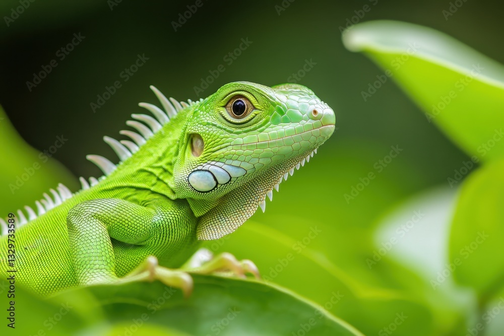 Fototapeta premium Vibrant Green Iguana Closeup in Stunning Detail / Reptile Beauty: Closeup of a Young Green Iguana / iguana on a tree