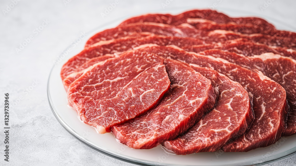Premium sirloin slices are thoughtfully arranged on plate, presented well Premium sirloin slices are thoughtfully arranged on plate, presented well
