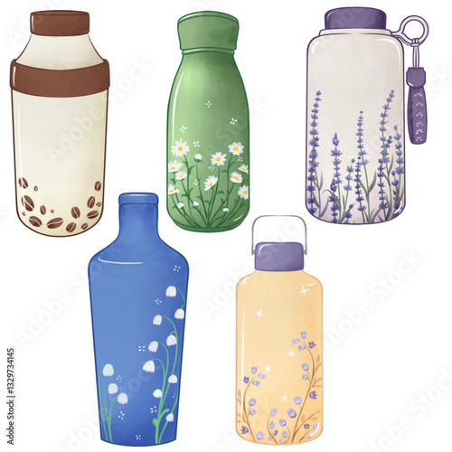 Set Cute Blue Watercolor Tumblr Bottle with White Bell Flowers. stylish bottle adds a cozy and artistic. Earth day