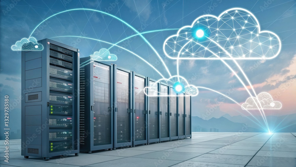 Fototapeta premium A modern data center with servers connected to cloud technology, illustrating the concept of cloud computing and digital infrastructure.