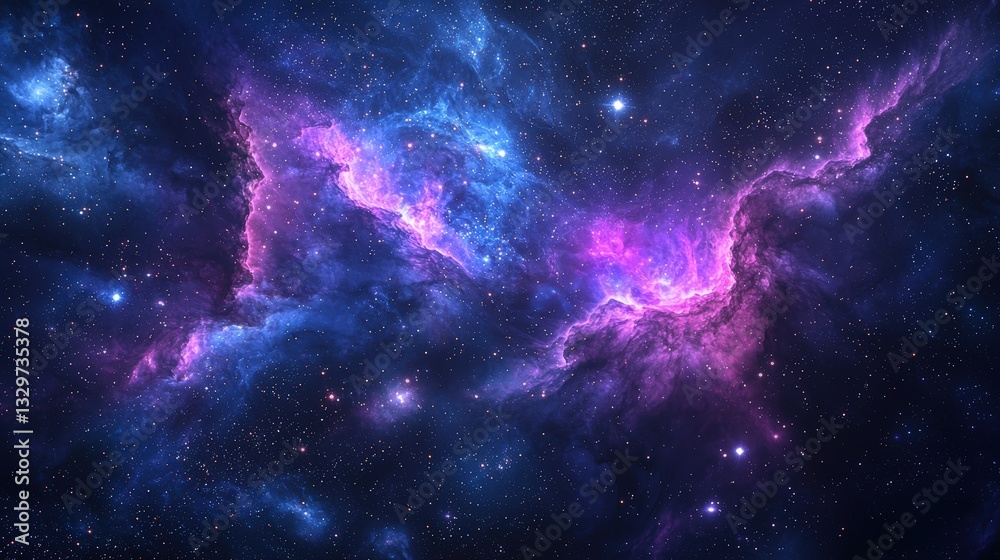 Obraz premium Vibrant cosmic cloud illuminated by brilliant stars. A stunning display of celestial beauty, with hues of purple and blue swirling through space.