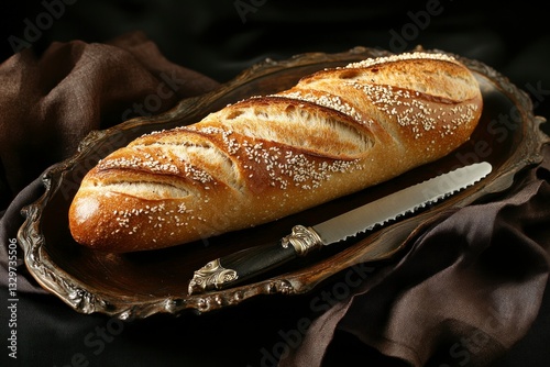 Fresh Baguette Loaf with Sesame Seeds and Knife on Tray photo