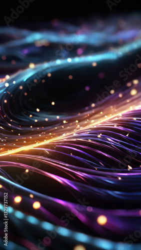 Cosmic Fiber Optics: Luminous Digital Waves Flowing Through Darkness, Creating a Symphony of Light and Motion in a Neon Universe.