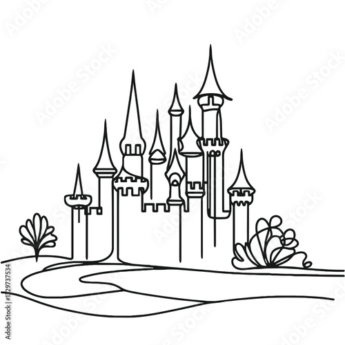 Fairytale castle, vector, black line drawing, minimalistic, single line, simple line, isolated, transparent background 