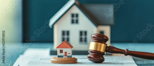 Tax Lien and Property Ownership Concept, small house figurine and gavel on legal documents symbolize property law
