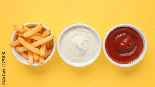 Golden French Fries, Creamy Mayonnaise, And Tangy Ketchup Ready For A Delightful Dip, A Vibrant Trio Against A Sunny Yellow Background