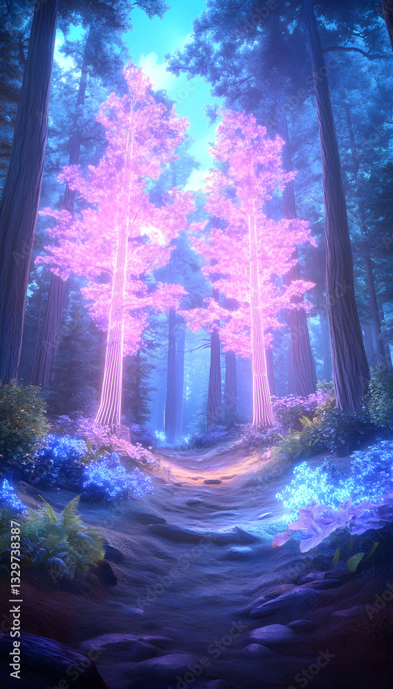 Obraz premium Enchanting path through a mystical forest, glowing trees, vibrant colours