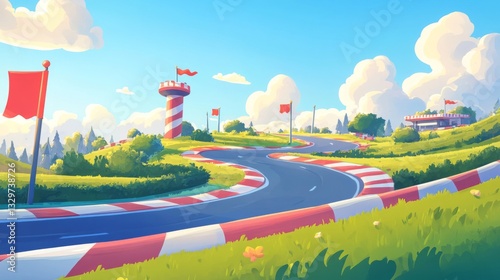 Winding Race Track on Rolling Hills Under a Sunny Sky