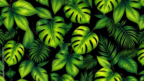Lush Tropical Foliage Explodes In Vibrant Greens Against A Deep Black Background, Creating A Dense, Immersive Jungle Scene