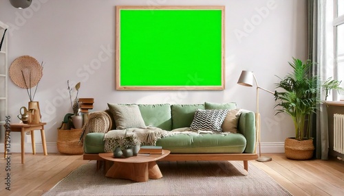 Minimalist Scandinavian Living Room Interior Featuring a Green Screen Picture Frame on the Wall
 photo