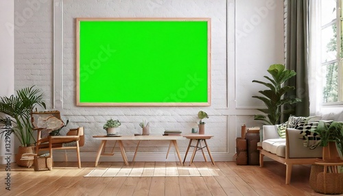 Stylish Scandinavian Home Interior with a Green Screen Art Frame Hanging on the Wall
 photo
