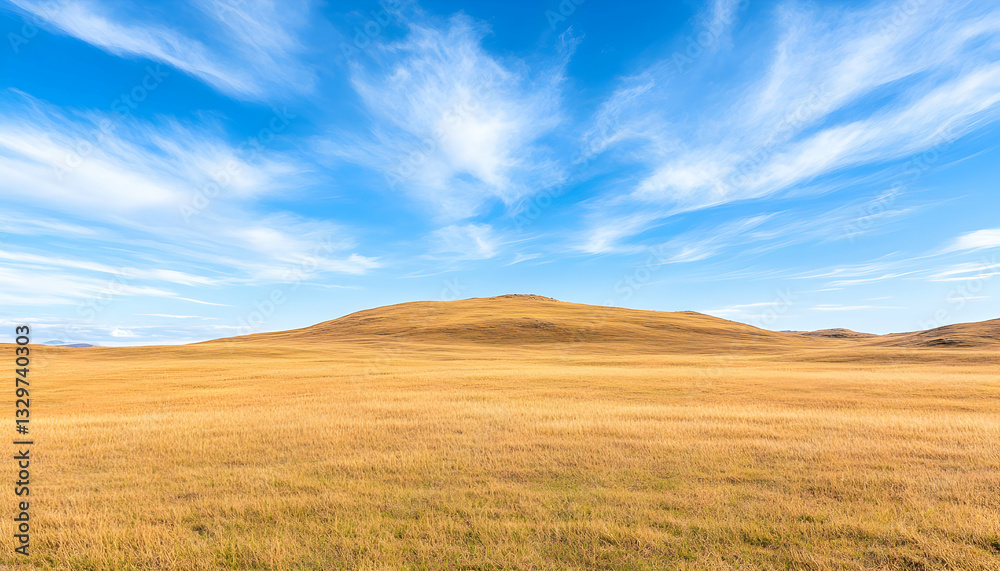 Expansive golden grassland under a vibrant blue sky. A vast, golden-brown plain stretches to a low hill, bathed in sunlight, with wispy white clouds against a deep blue sky Expansive golden grassland under a vibrant blue sky. A vast, golden-brown plain stretches to a low hill, bathed in sunlight, with wispy white clouds against a deep blue sky