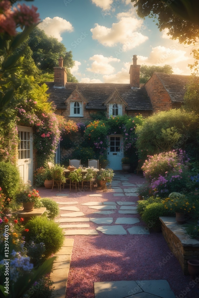 Obraz premium UK house and garden featuring a patio and doors. Cottage or courtyard garden adorned with gravel and paving.
