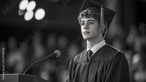 Man in graduation gown and cap standing confidently while preparing to deliver valedictorian speech during ceremony