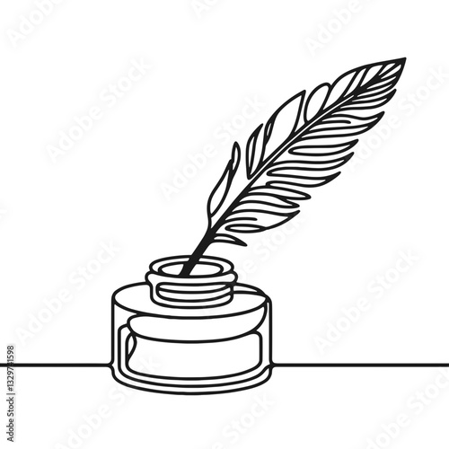 Inkwell with feather, vector, black line drawing, minimalistic, single line, simple line, isolated, transparent background 