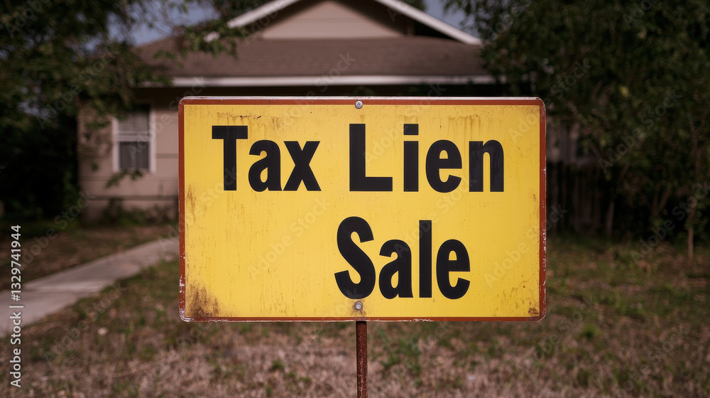 Tax Lien and Property Ownership Concept, Tax lien sale sign in front of house, indicating property auction Tax Lien and Property Ownership Concept, Tax lien sale sign in front of house, indicating property auction