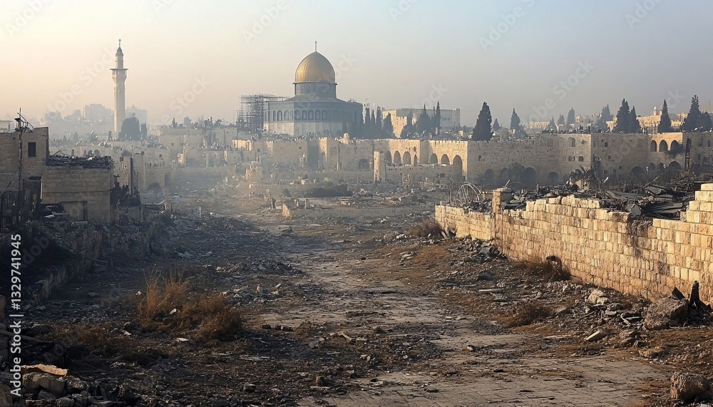 Fototapeta premium Ruins of an ancient city highlighting the remnants of Jerusalem's historical glory against a backdrop of destruction and decay. Captured essence of a destroyed city background.