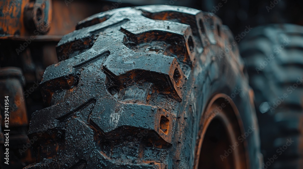 Fototapeta premium Close-up of a heavily used and worn industrial tire with deep treads, showing signs of heavy wear, mud and grease. Focus on tire texture.