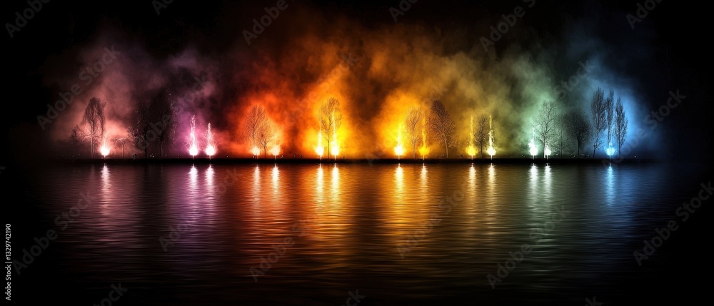 Naklejka premium Colorful Night Landscape with Reflections of Illuminated Trees in Calm Water Setting