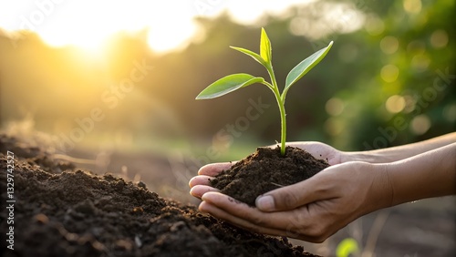 Tender Hands Nurturing A Fragile Seedling, A Symbol Of Hope And New Beginnings At Sunset, Bathed In Warm Golden Light