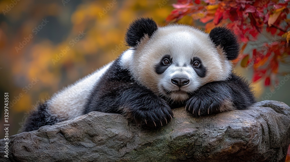 Fototapeta premium Adorable baby panda resting on a rock, autumnal backdrop