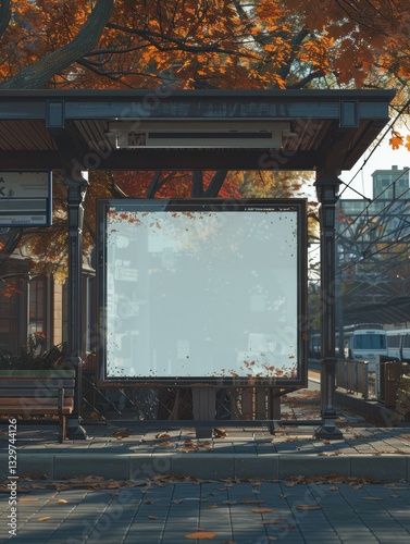 White billboard sits on a sidewalk in front of a bench